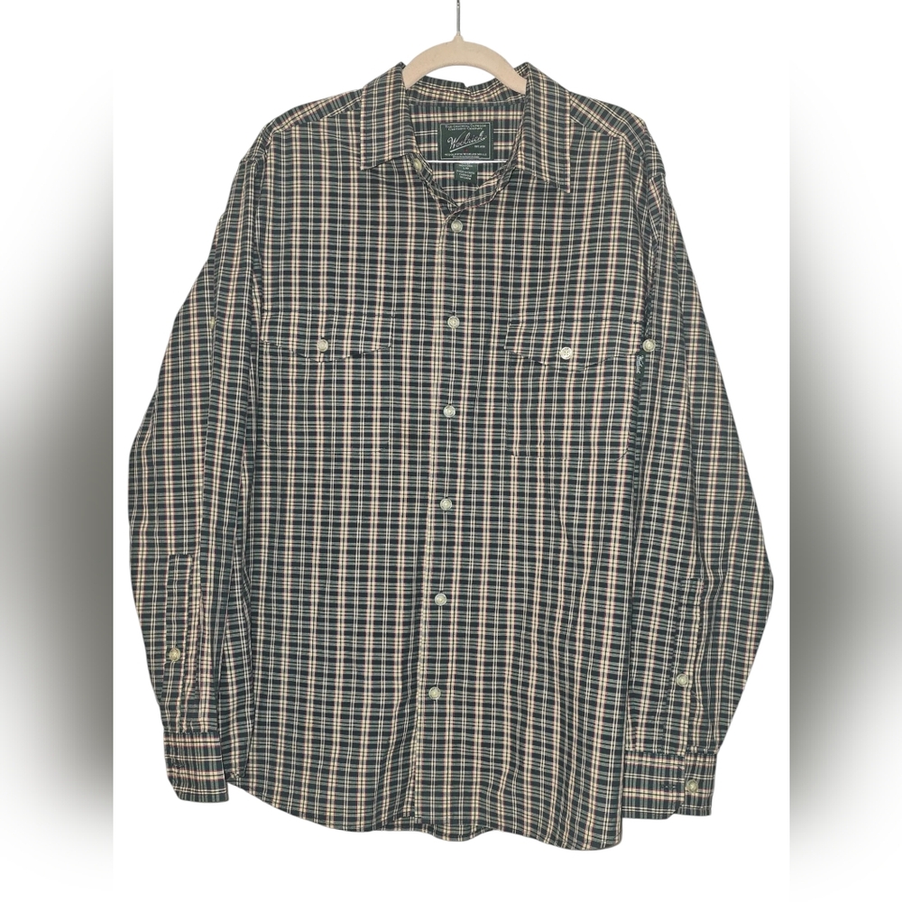 Woolrich Shirt Mens Sz Large Green Black Red Plaid Flannel Button Up 100% Cotton